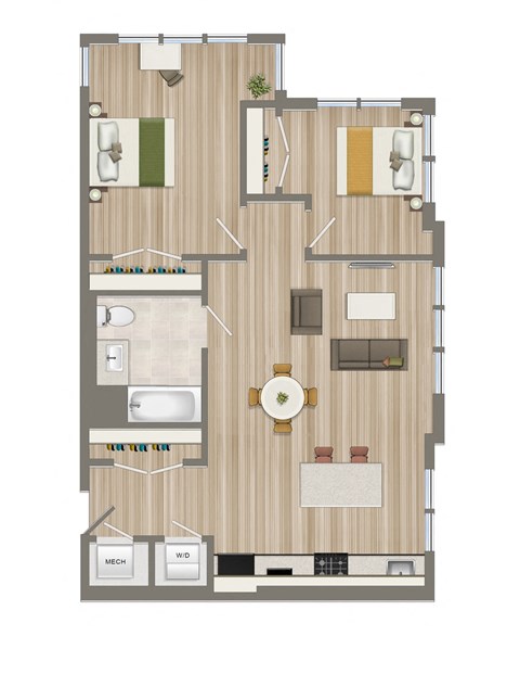 Floor plan for 2 beds, 1 bath, 745 sqft